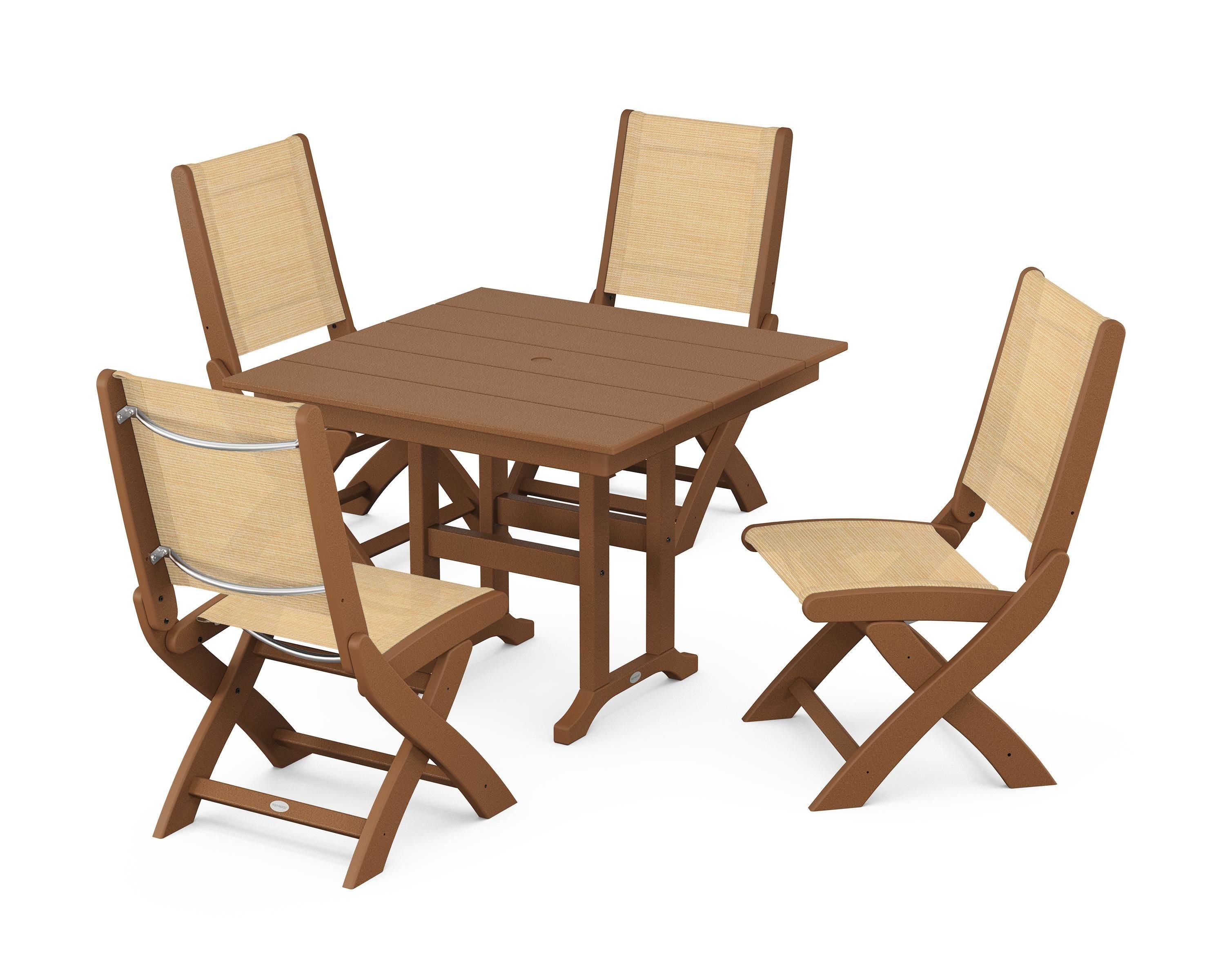 POLYWOOD® Coastal Folding Side Chair 5-Piece Farmhouse Dining Set in Teak / Dupioni Apricot Sling