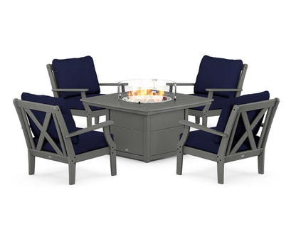 POLYWOOD® Braxton 5-Piece Deep Seating Conversation Set with Fire Pit Table in Slate Grey / Navy