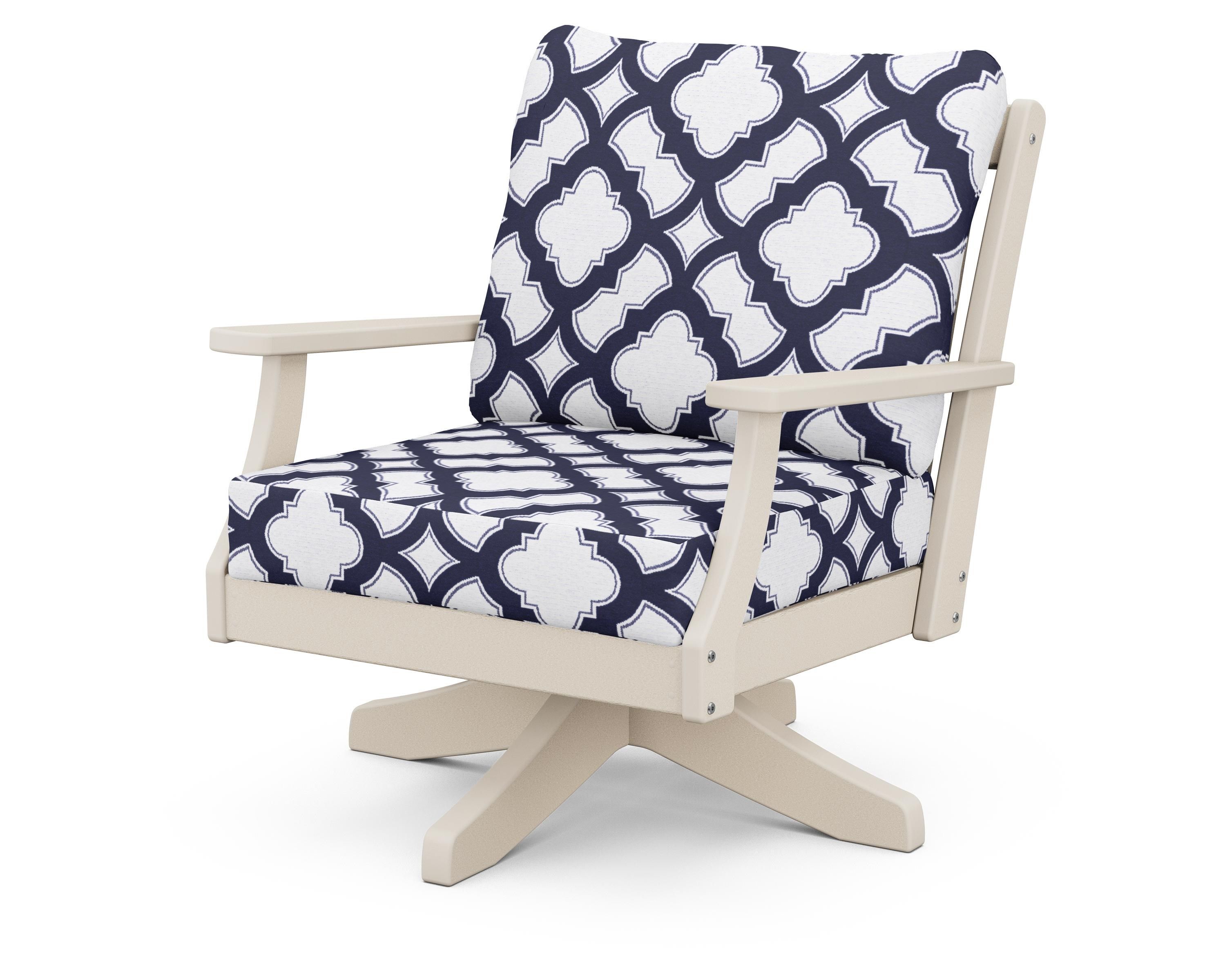 POLYWOOD® Braxton Deep Seating Swivel Chair in Sand / Trellis Navy