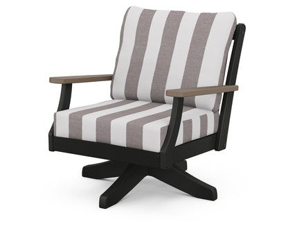 POLYWOOD® Braxton Deep Seating Swivel Chair in Black / Kona / Cabana Stripe Grey Mist