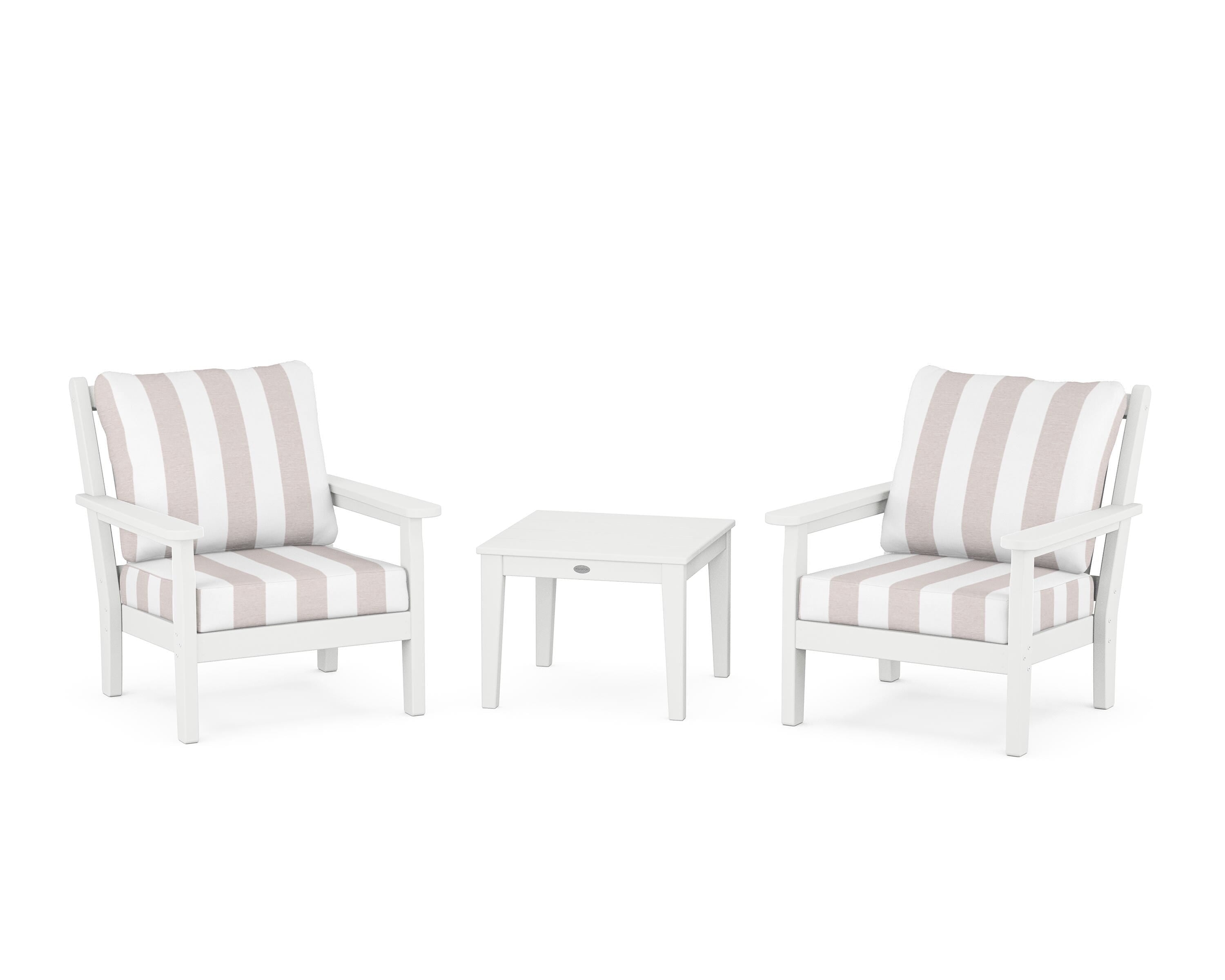 POLYWOOD® Chippendale 3-Piece Deep Seating Set in White / Cabana Stripe Dune Burlap