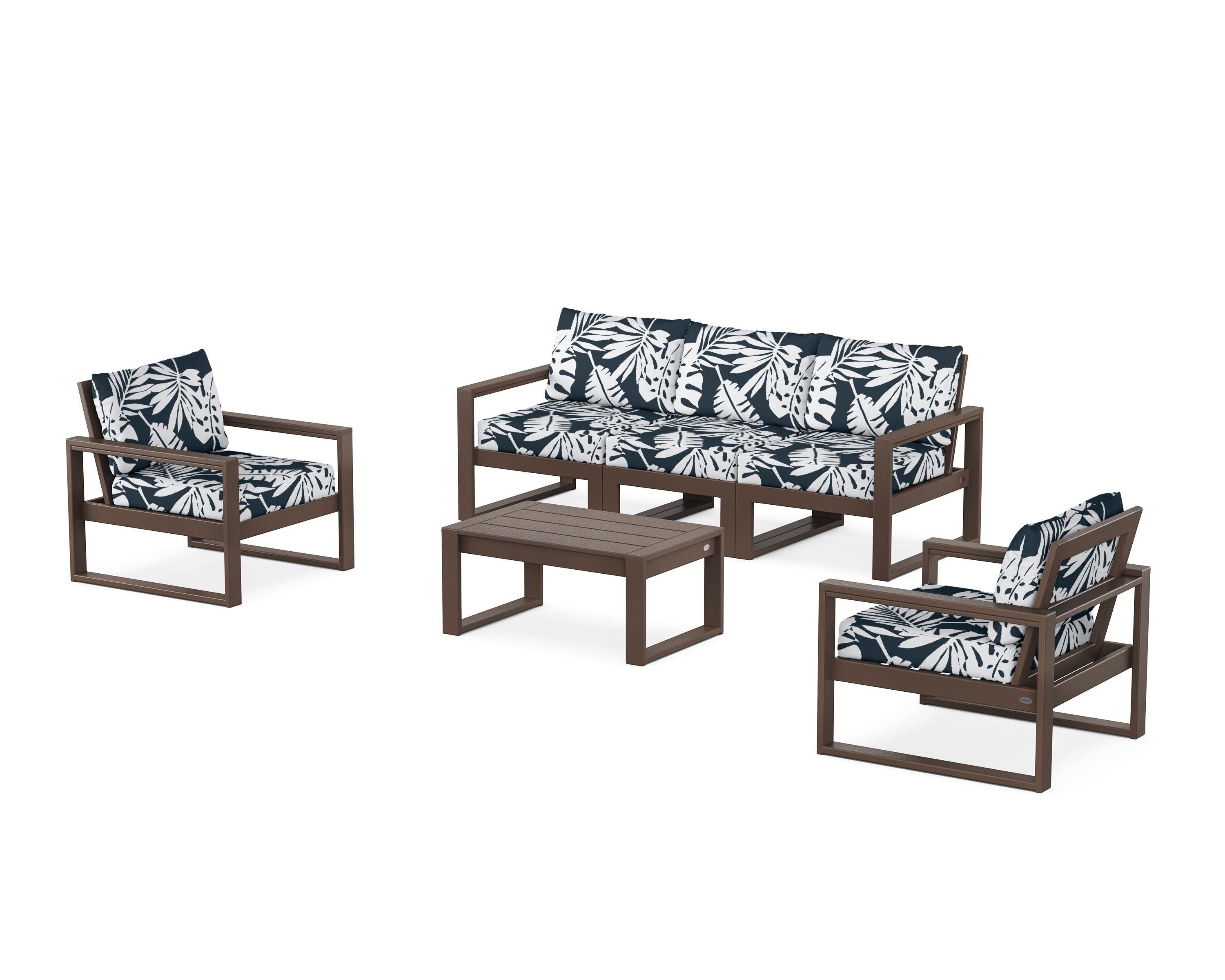 POLYWOOD® EDGE Sectional 4-Piece Deep Seating Set with Sofa in Mahogany / Leaf Marine Indigo