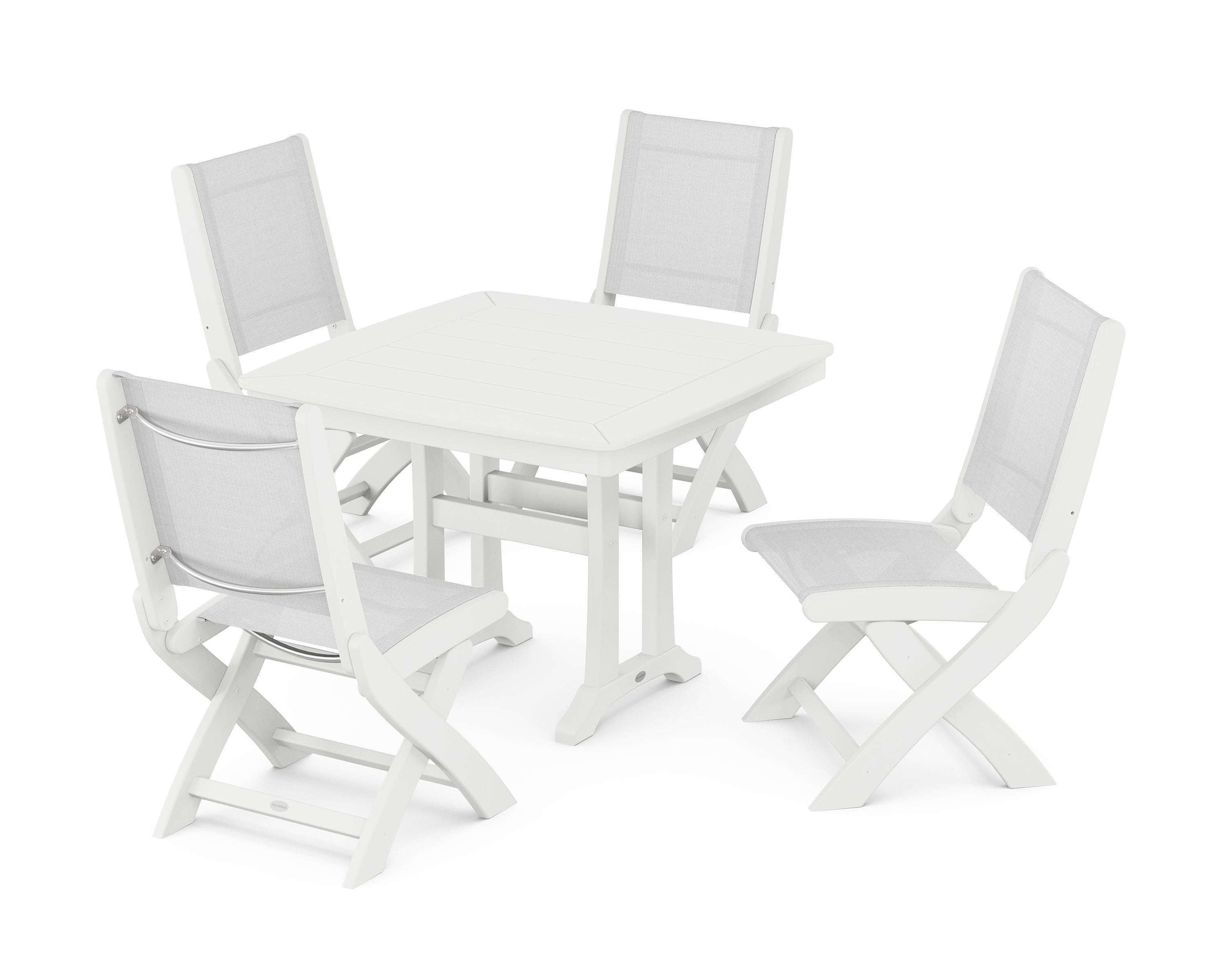 POLYWOOD® Coastal Folding Side Chair 5-Piece Dining Set with Trestle Legs in White / White Sling
