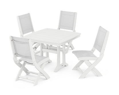 POLYWOOD® Coastal Folding Side Chair 5-Piece Dining Set with Trestle Legs in White / White Sling