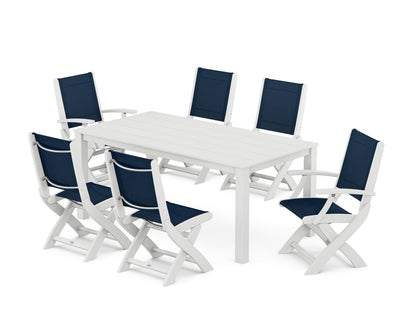 POLYWOOD® Coastal Folding Chair 7-Piece Parsons Dining Set in White / Navy Blue Sling
