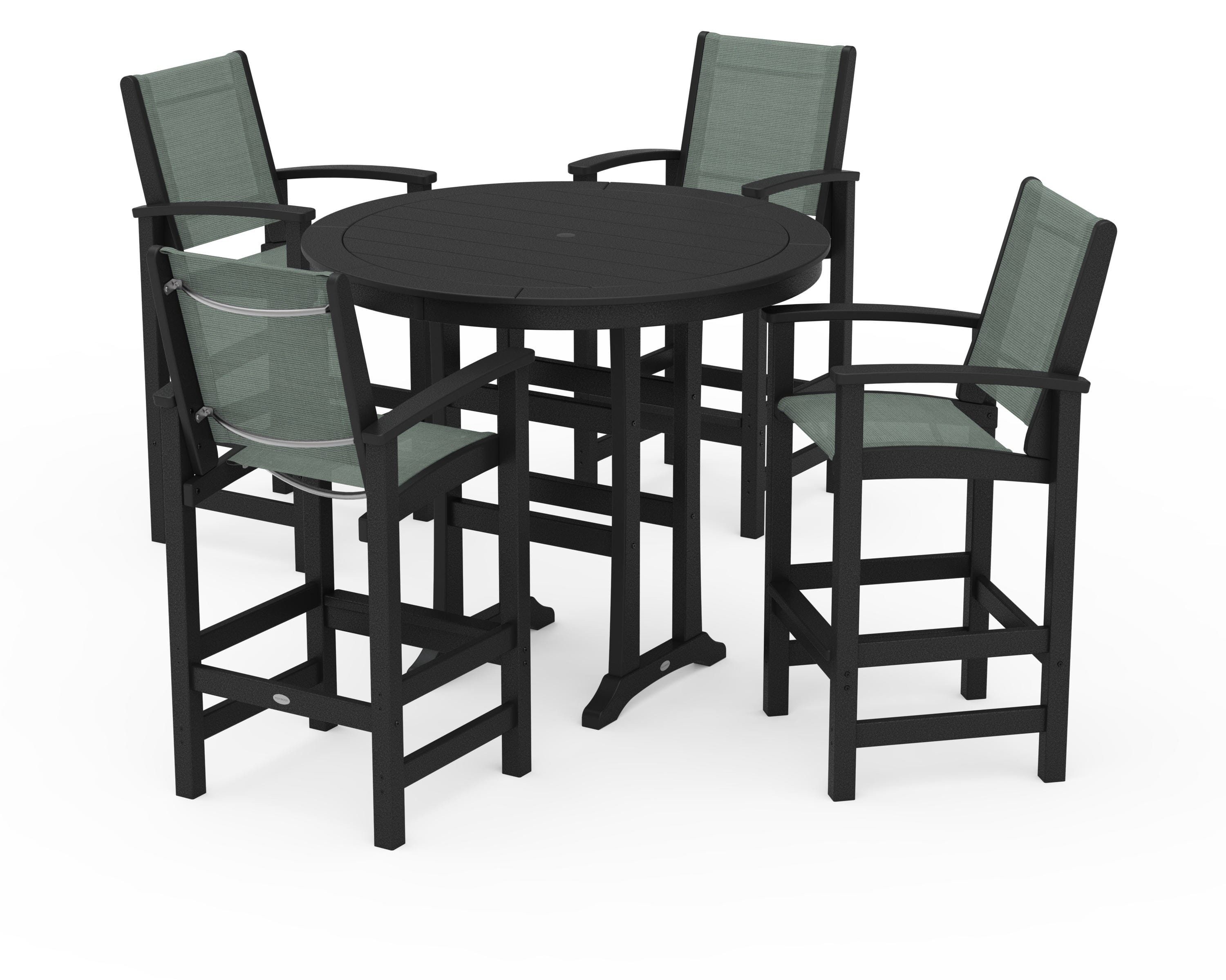 POLYWOOD® Coastal 5-Piece Nautical Trestle Bar Set in Black / Dupioni Sea Mist Sling