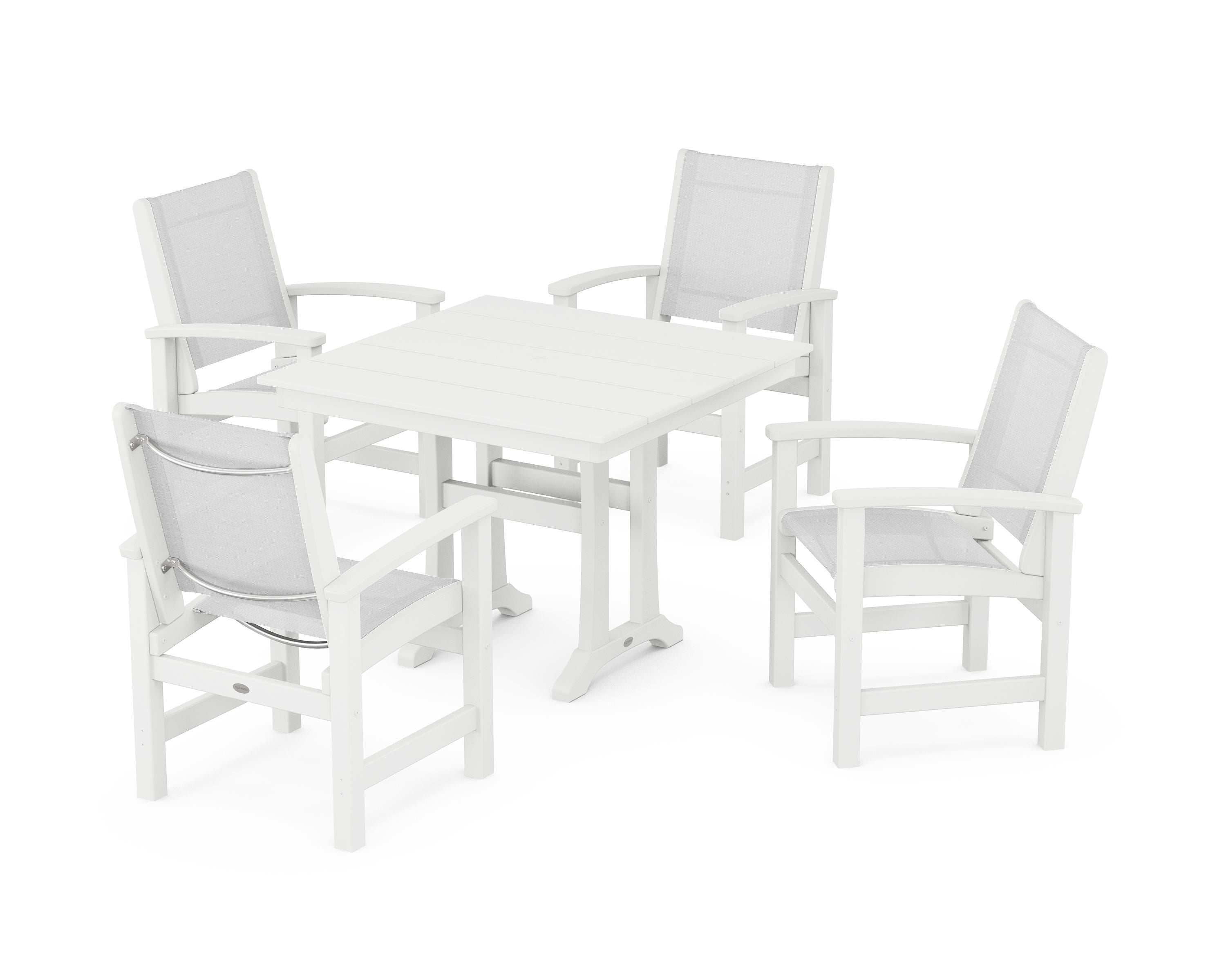 POLYWOOD® Coastal 5-Piece Farmhouse Dining Set With Trestle Legs in White / White Sling