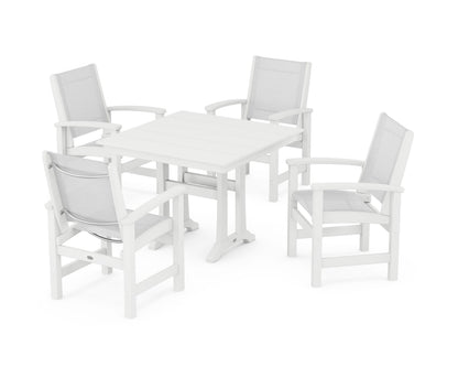 POLYWOOD® Coastal 5-Piece Farmhouse Dining Set With Trestle Legs in White / White Sling