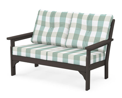 POLYWOOD® Vineyard Deep Seating Loveseat in Vintage Coffee / Buffalo Plaid Glacier Spa