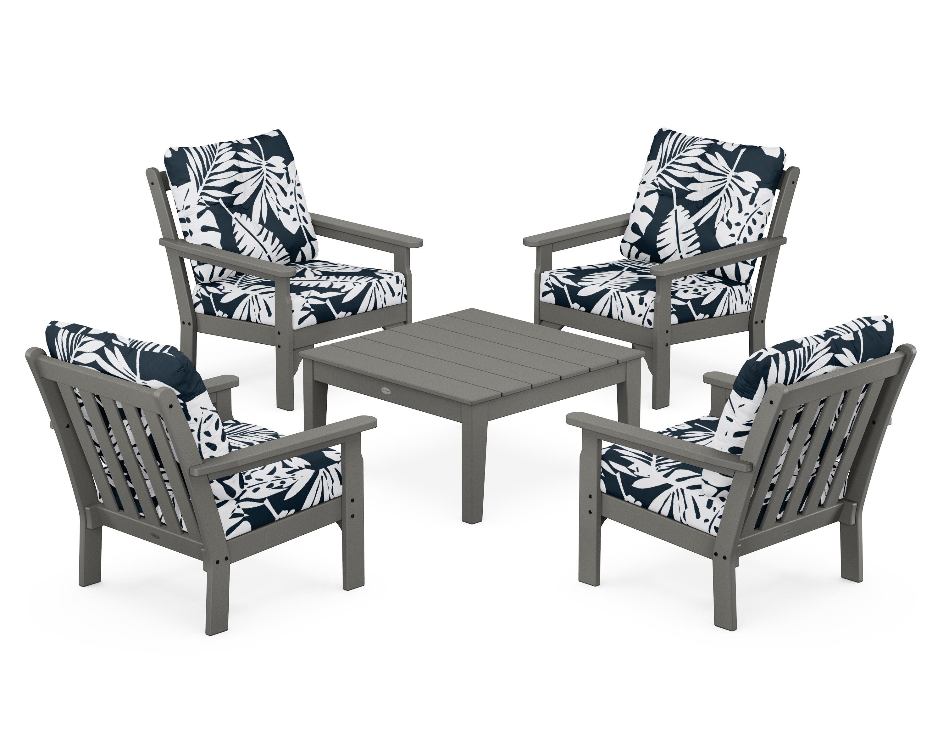 POLYWOOD® Vineyard 5-Piece Deep Seating Conversation Set in Slate Grey / Leaf Marine Indigo