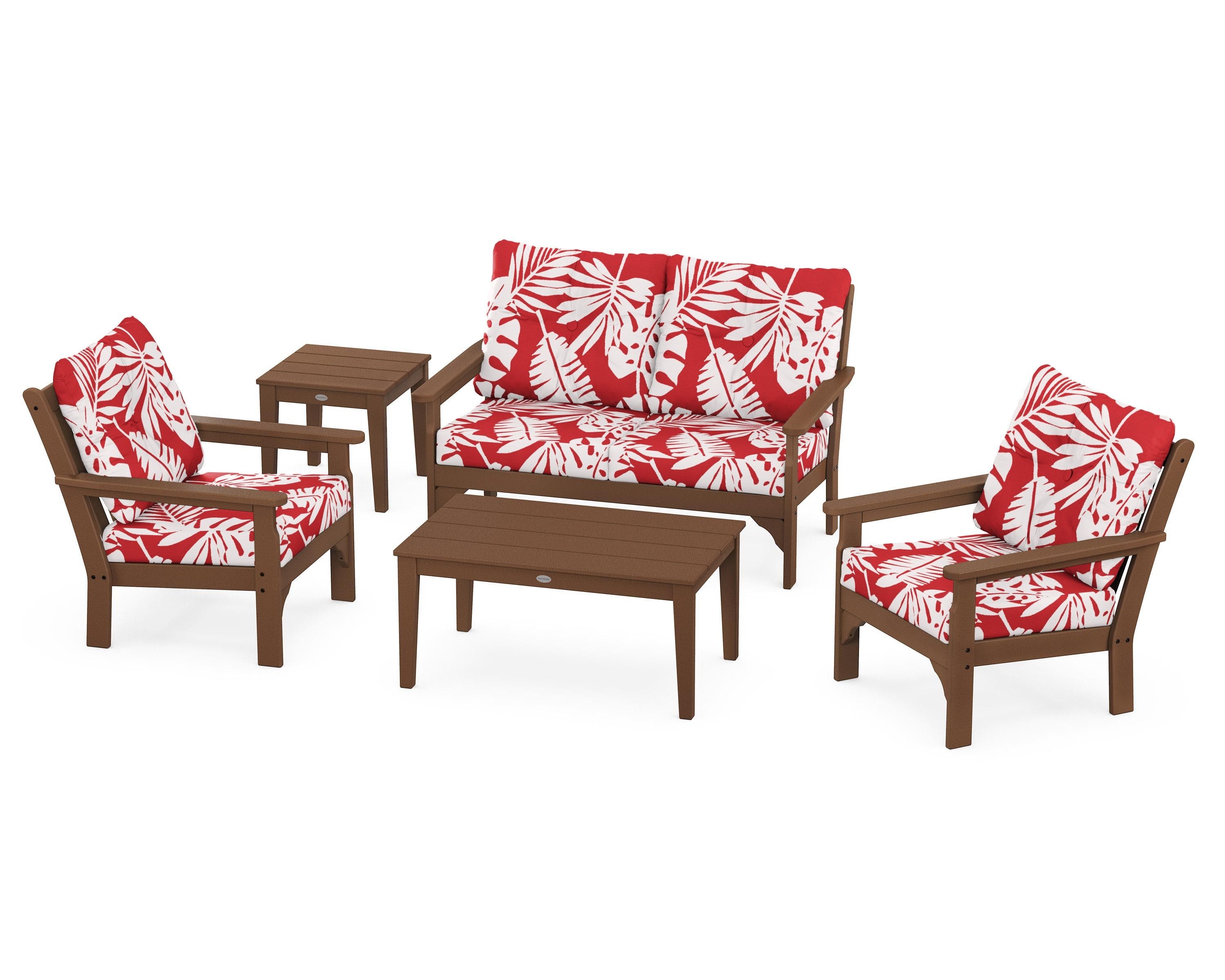 POLYWOOD® Vineyard 5-Piece Deep Seating Set in Teak / Leaf Crimson