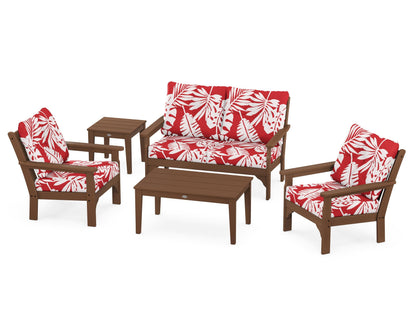 POLYWOOD® Vineyard 5-Piece Deep Seating Set in Teak / Leaf Crimson