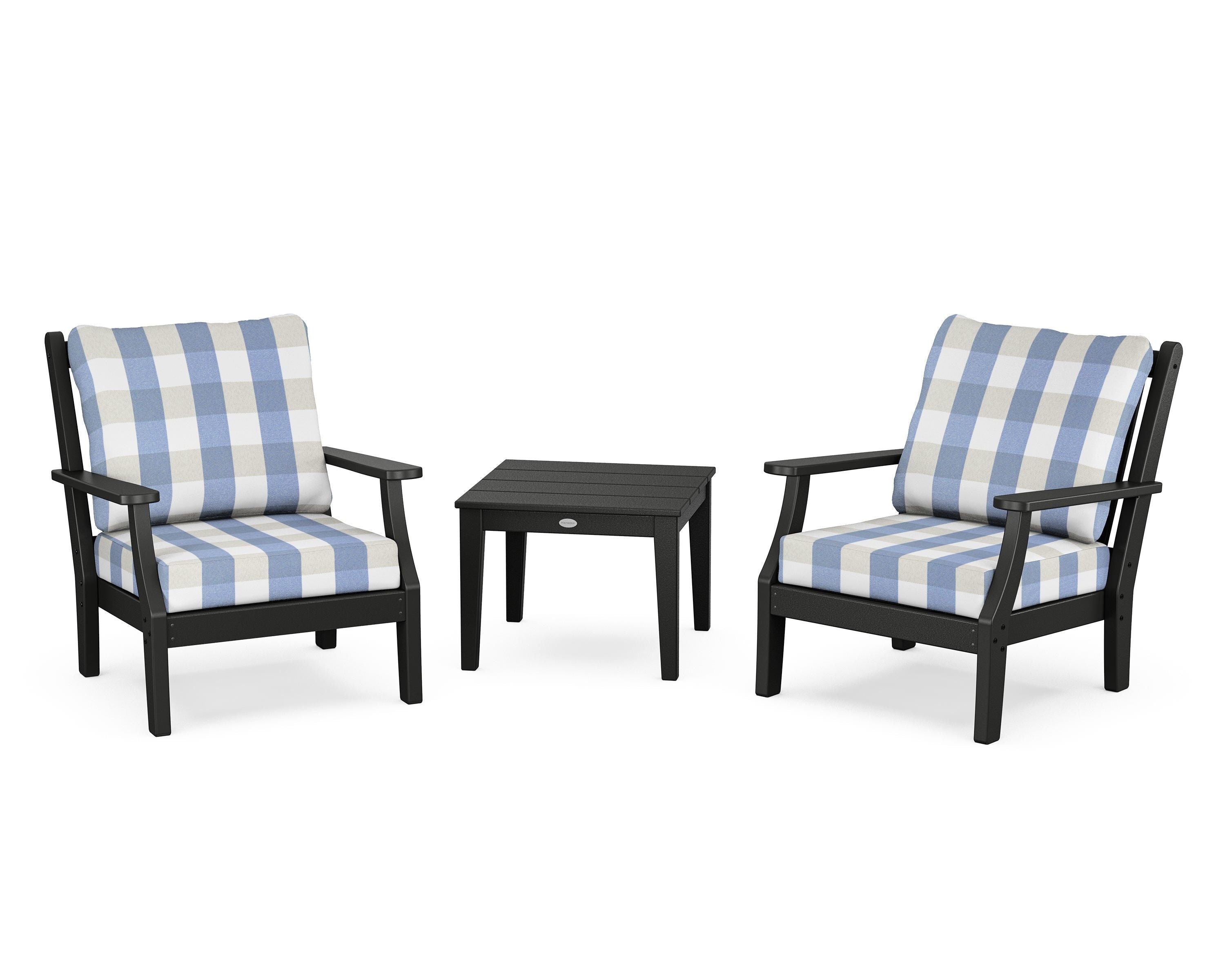 Country Living Wovendale 3-Piece Deep Seating Set in Black / Buffalo Plaid Sky Blue