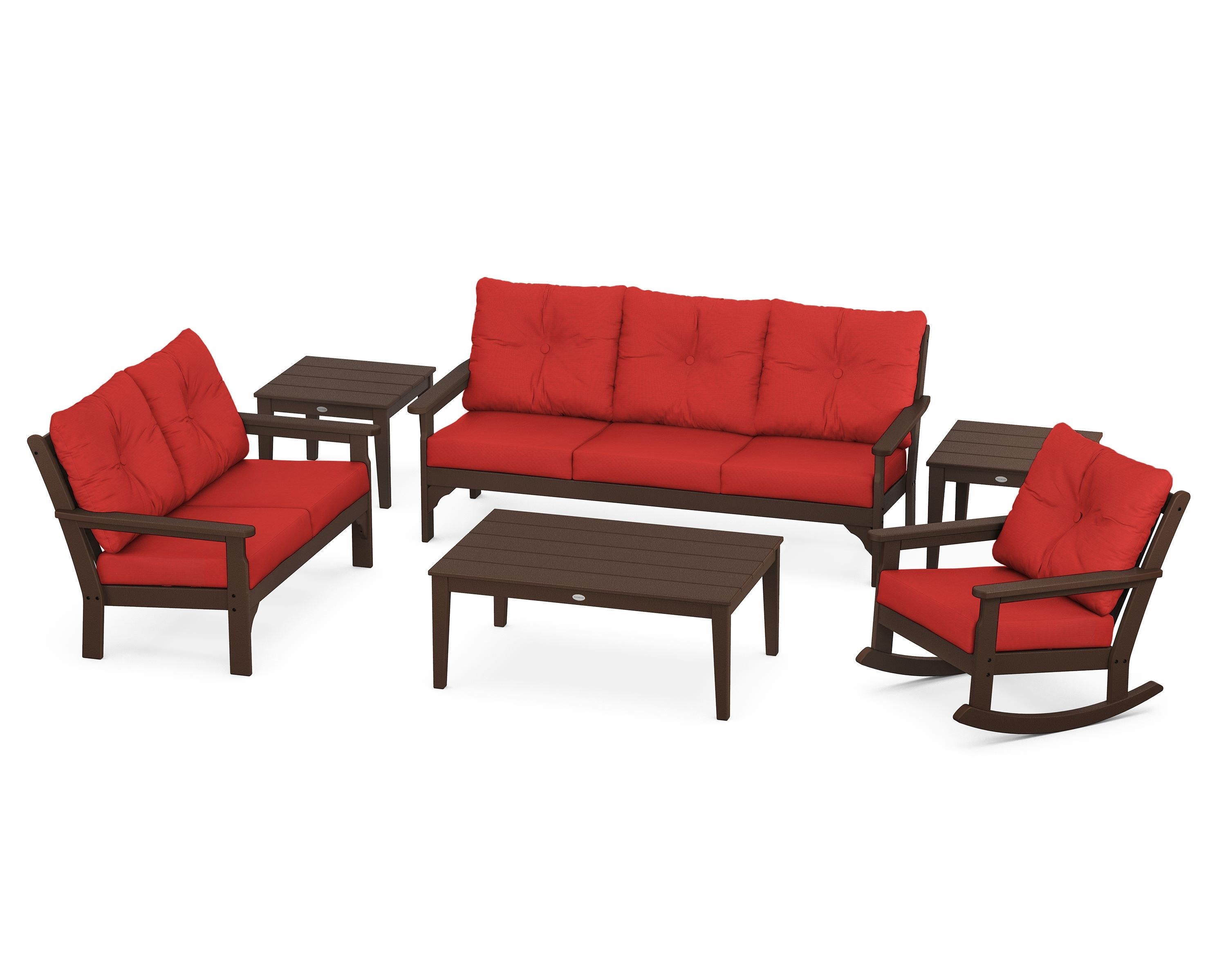 POLYWOOD® Vineyard 6-Piece Deep Seating Set in Mahogany / Crimson Linen