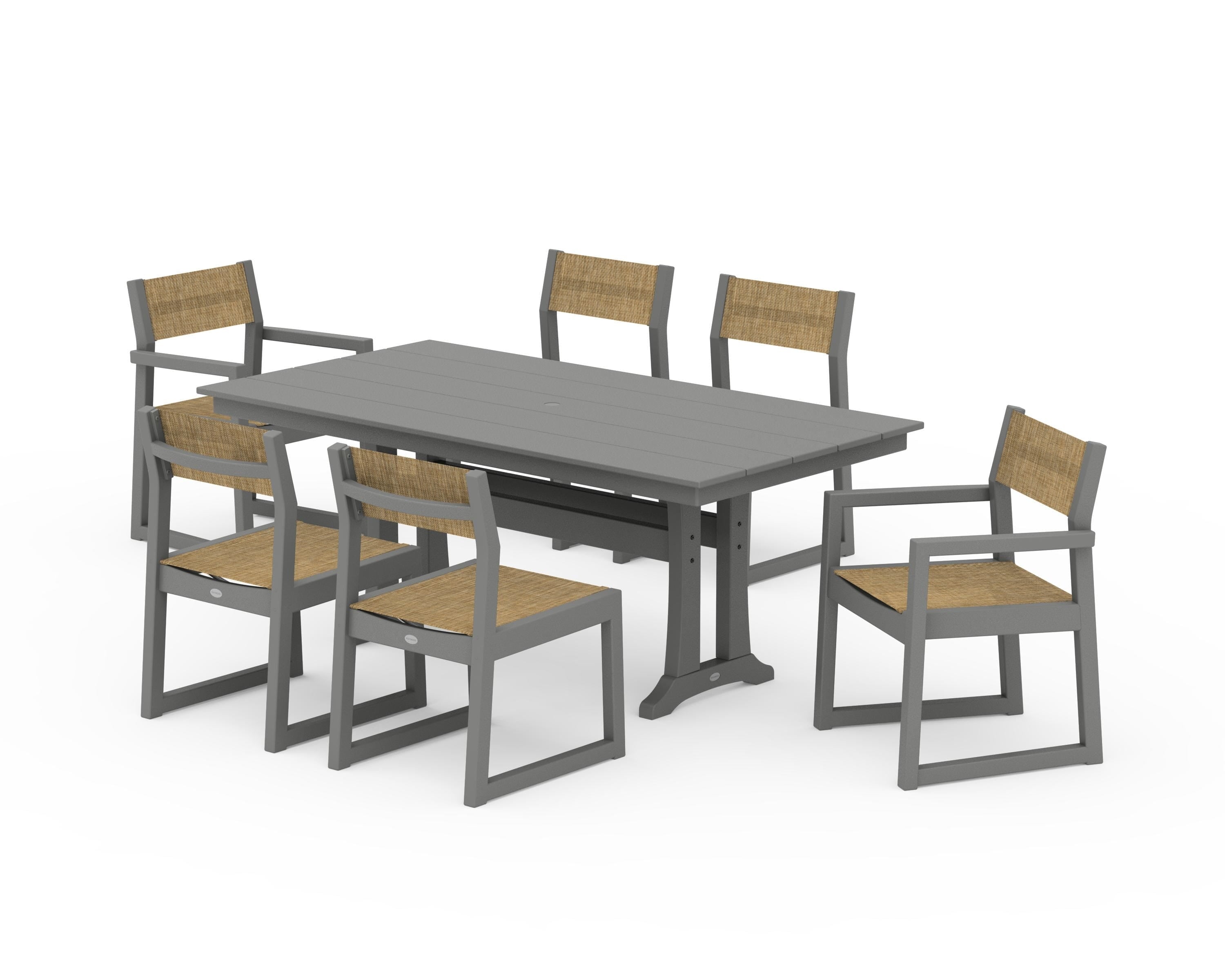 POLYWOOD® EDGE Sling 7-Piece Farmhouse Trestle Dining Set in Slate Grey / Burlap Sling