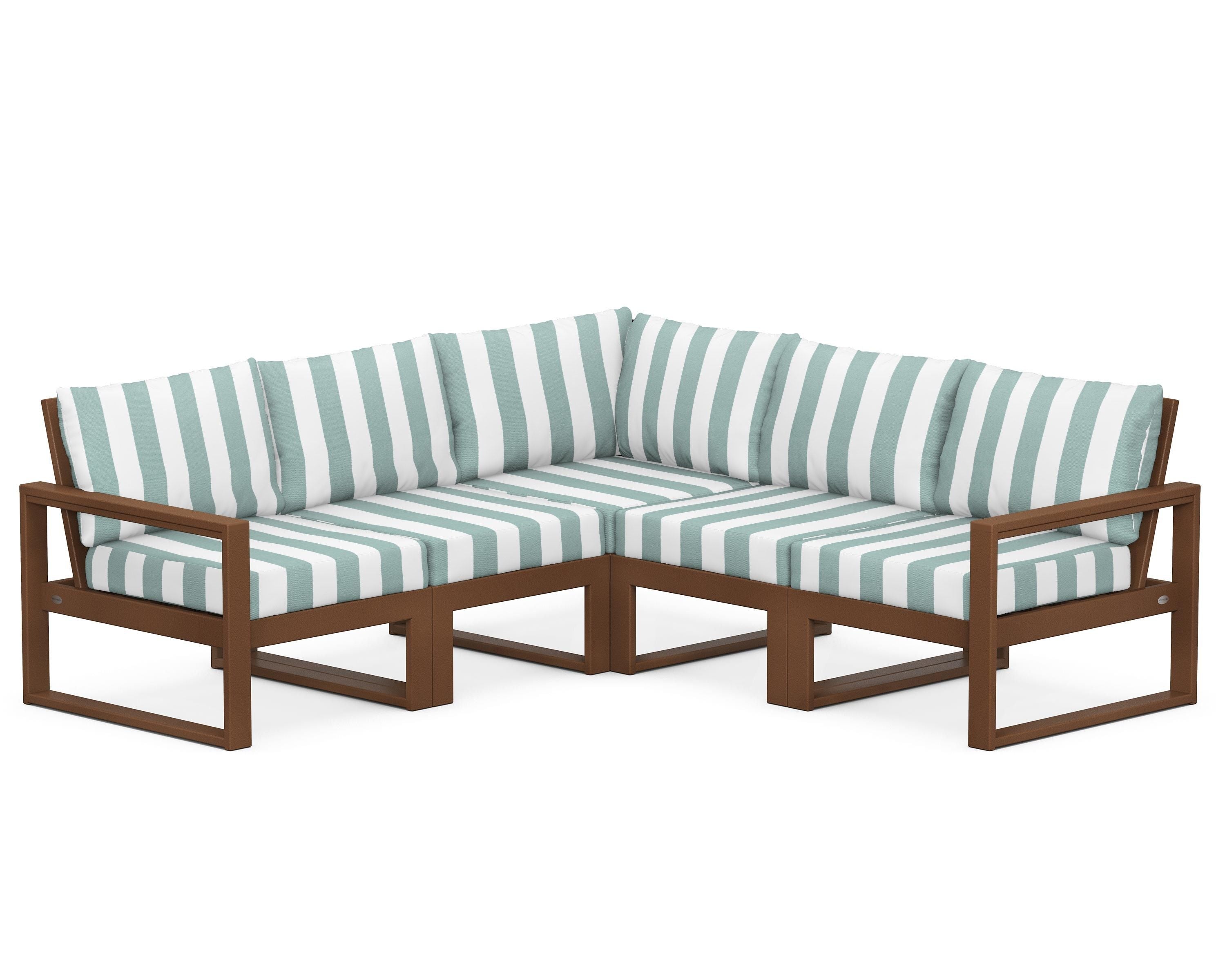POLYWOOD® EDGE 5-Piece Modular Deep Seating Set in Teak / Cabana Stripe Glacier Spa