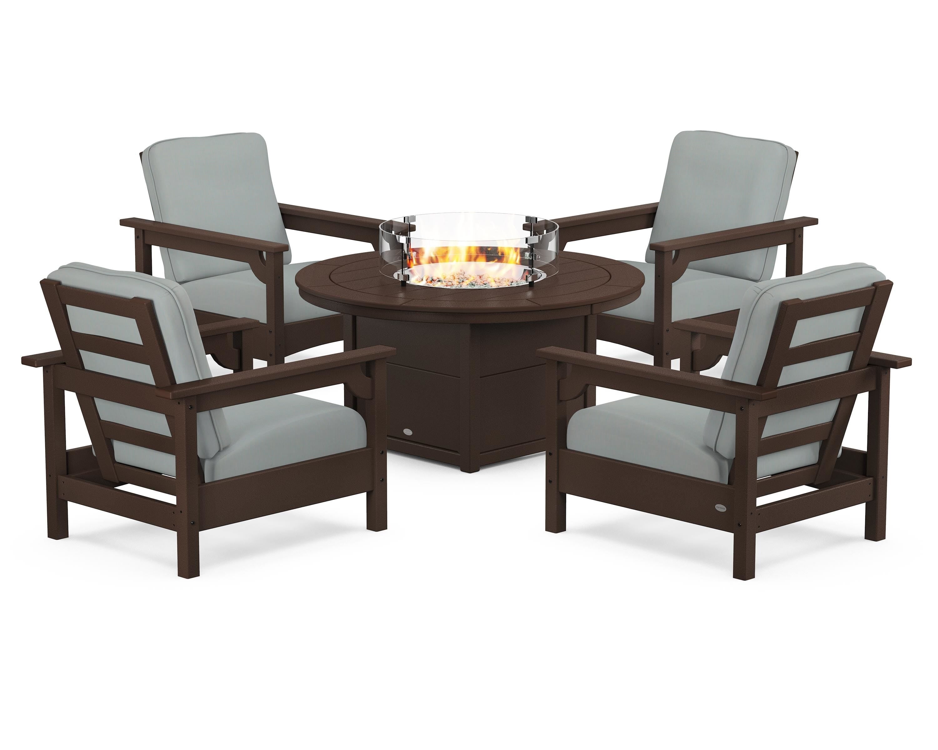 POLYWOOD® Club 5-Piece Conversation Set with Fire Pit Table in Mahogany / Spa