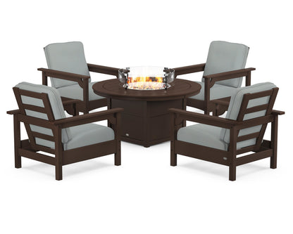 POLYWOOD® Club 5-Piece Conversation Set with Fire Pit Table in Mahogany / Spa