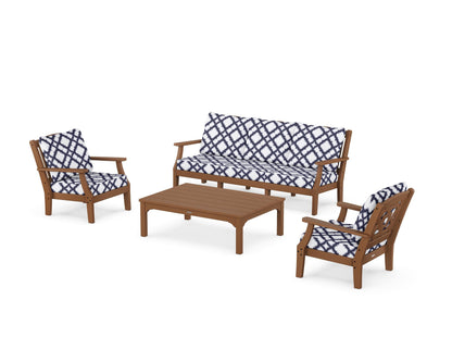 Martha Stewart by POLYWOOD® Chinoiserie 4-Piece Deep Seating Set with Sofa in Teak / Trellis Navy