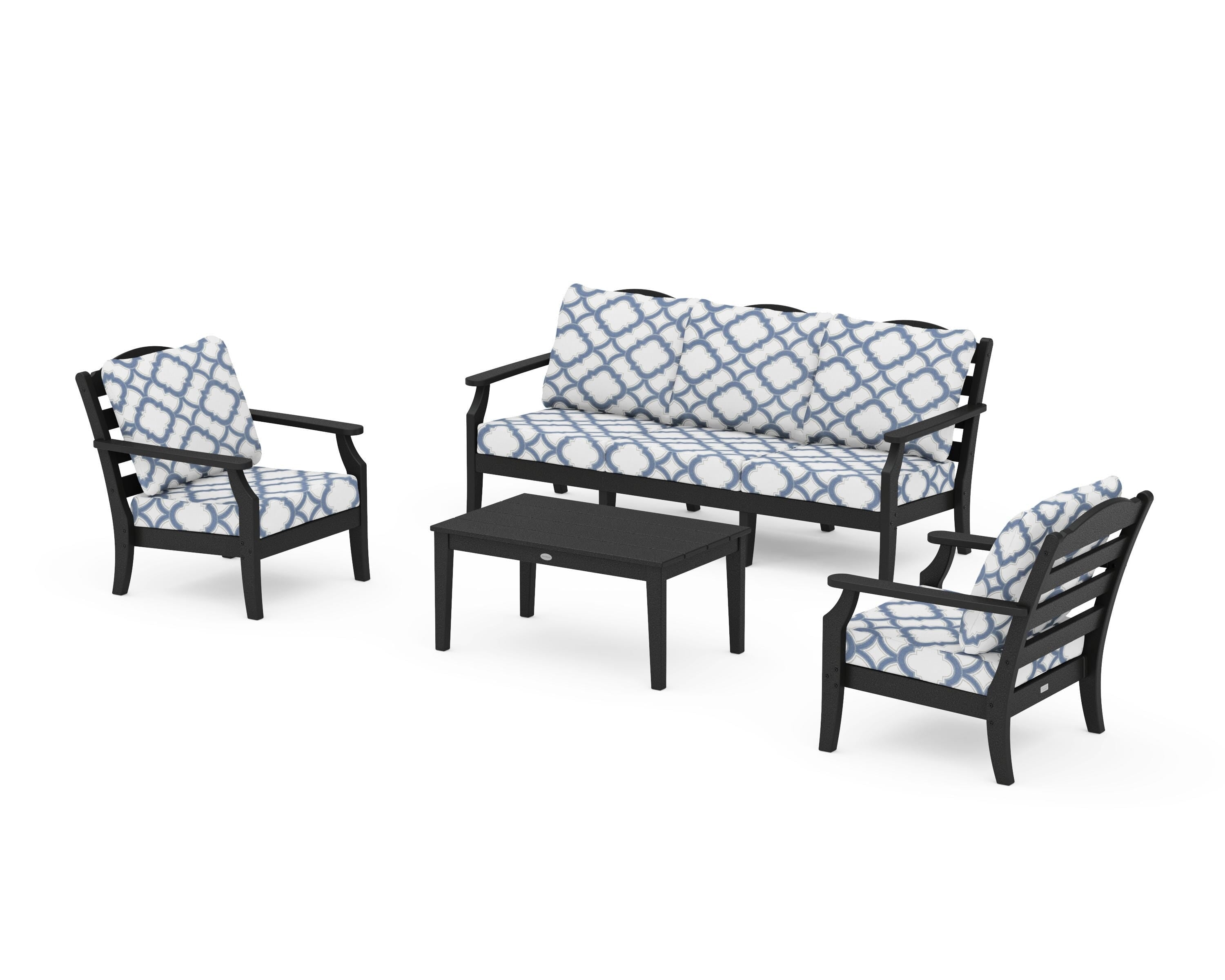 Draper James™ by  POLYWOOD® Savannah 4-Piece Deep Seating Set with Sofa in Black / Trellis Sky Blue
