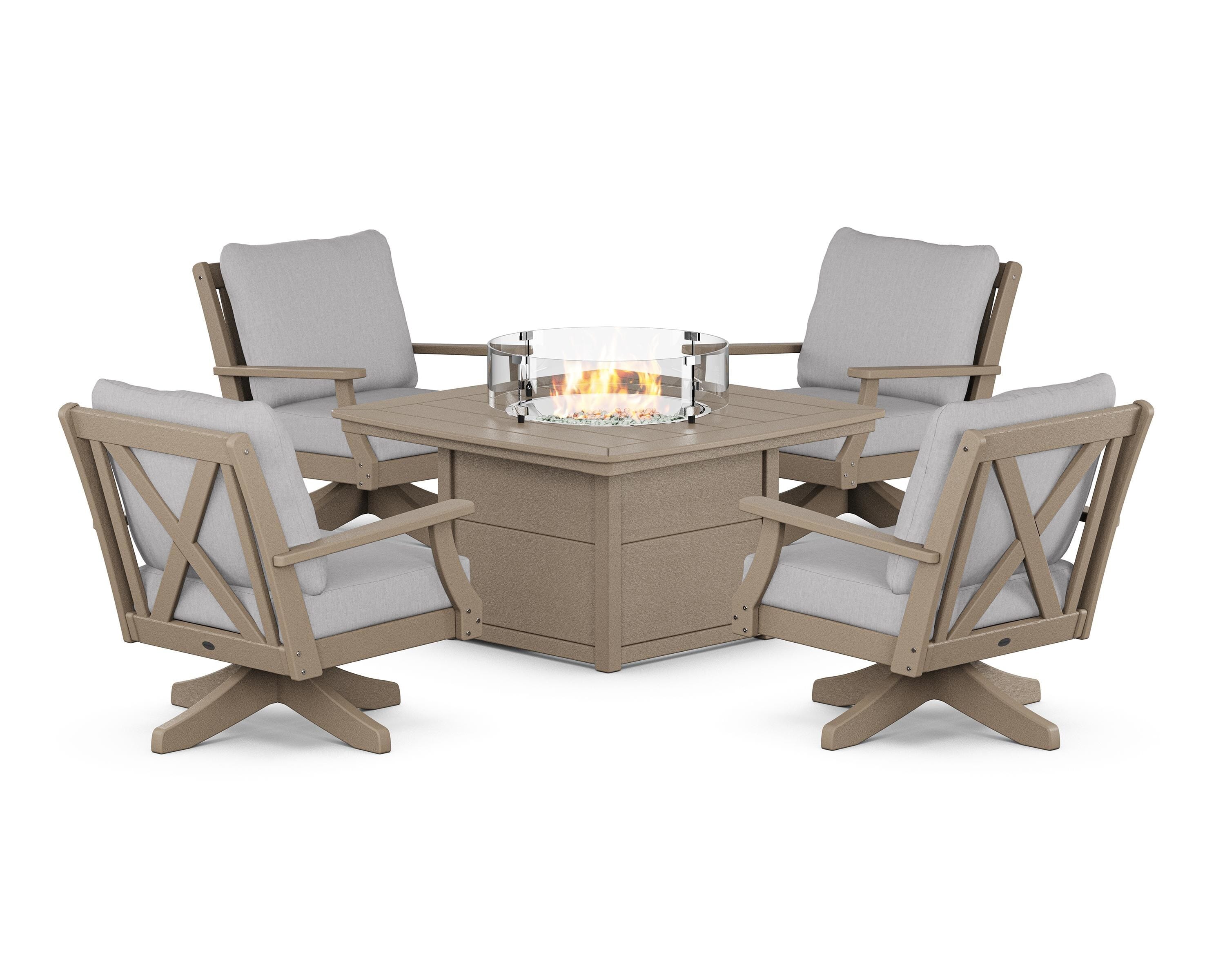 POLYWOOD® Braxton 5-Piece Deep Seating Swivel Conversation Set with Fire Pit Table in Vintage Sahara / Granite