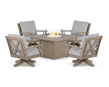 POLYWOOD® Braxton 5-Piece Deep Seating Swivel Conversation Set with Fire Pit Table in Vintage Sahara / Granite