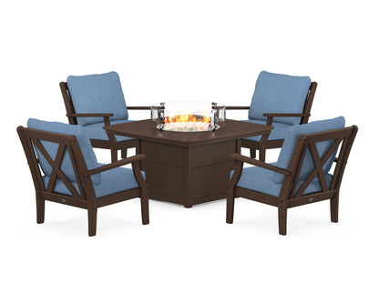 POLYWOOD® Braxton 5-Piece Deep Seating Conversation Set with Fire Pit Table in Mahogany / Sky Blue