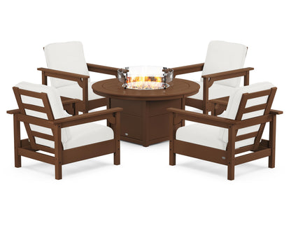 POLYWOOD® Club 5-Piece Conversation Set with Fire Pit Table in Teak / Natural Linen