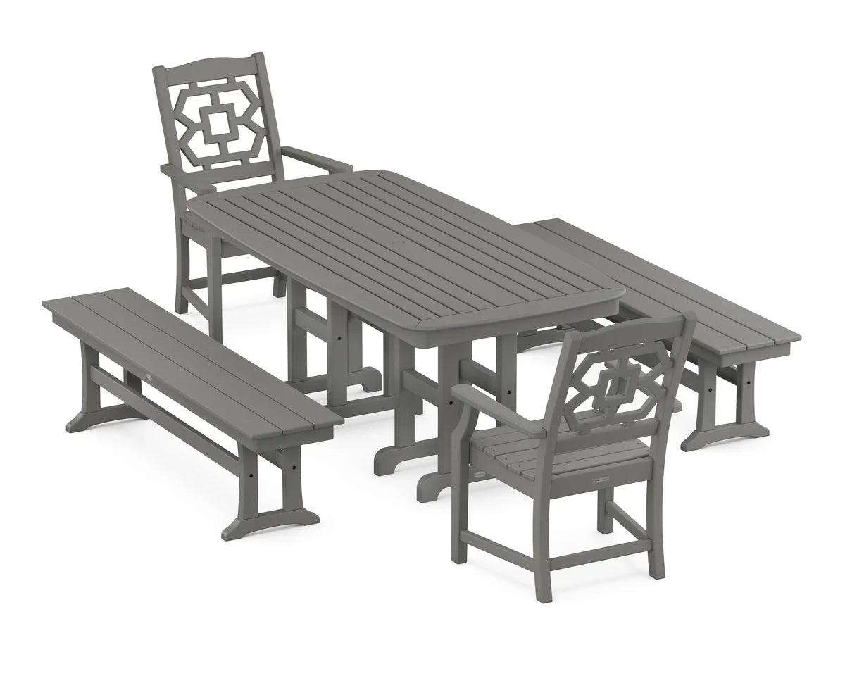 Chinoiserie 5-Piece Dining Set with Benches