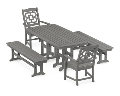 Chinoiserie 5-Piece Dining Set with Benches