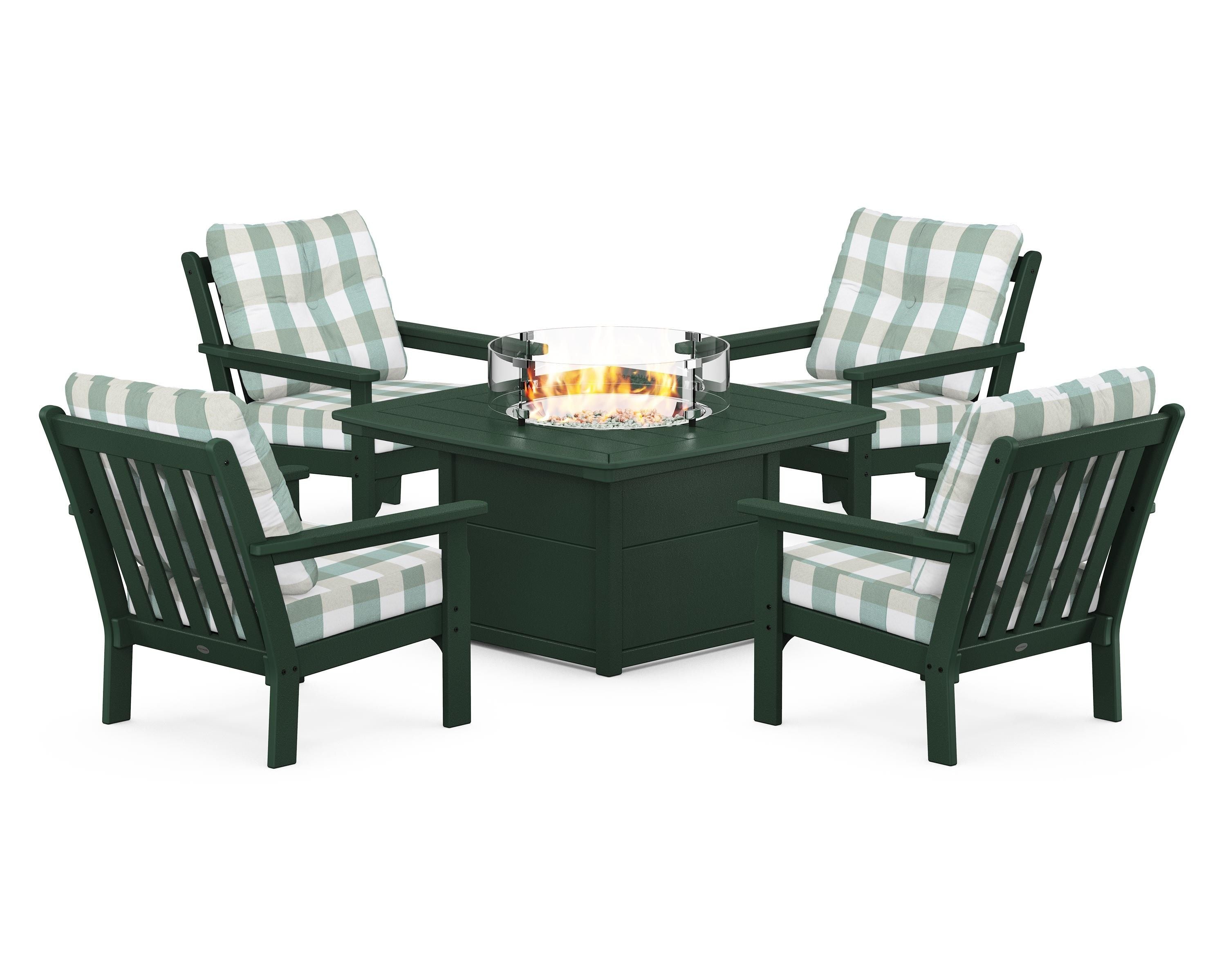POLYWOOD® Vineyard 5-Piece Conversation Set with Fire Pit Table in Green / Buffalo Plaid Glacier Spa