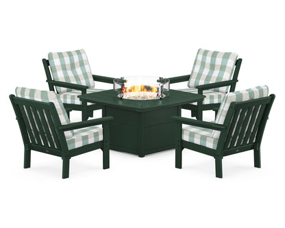 POLYWOOD® Vineyard 5-Piece Conversation Set with Fire Pit Table in Green / Buffalo Plaid Glacier Spa