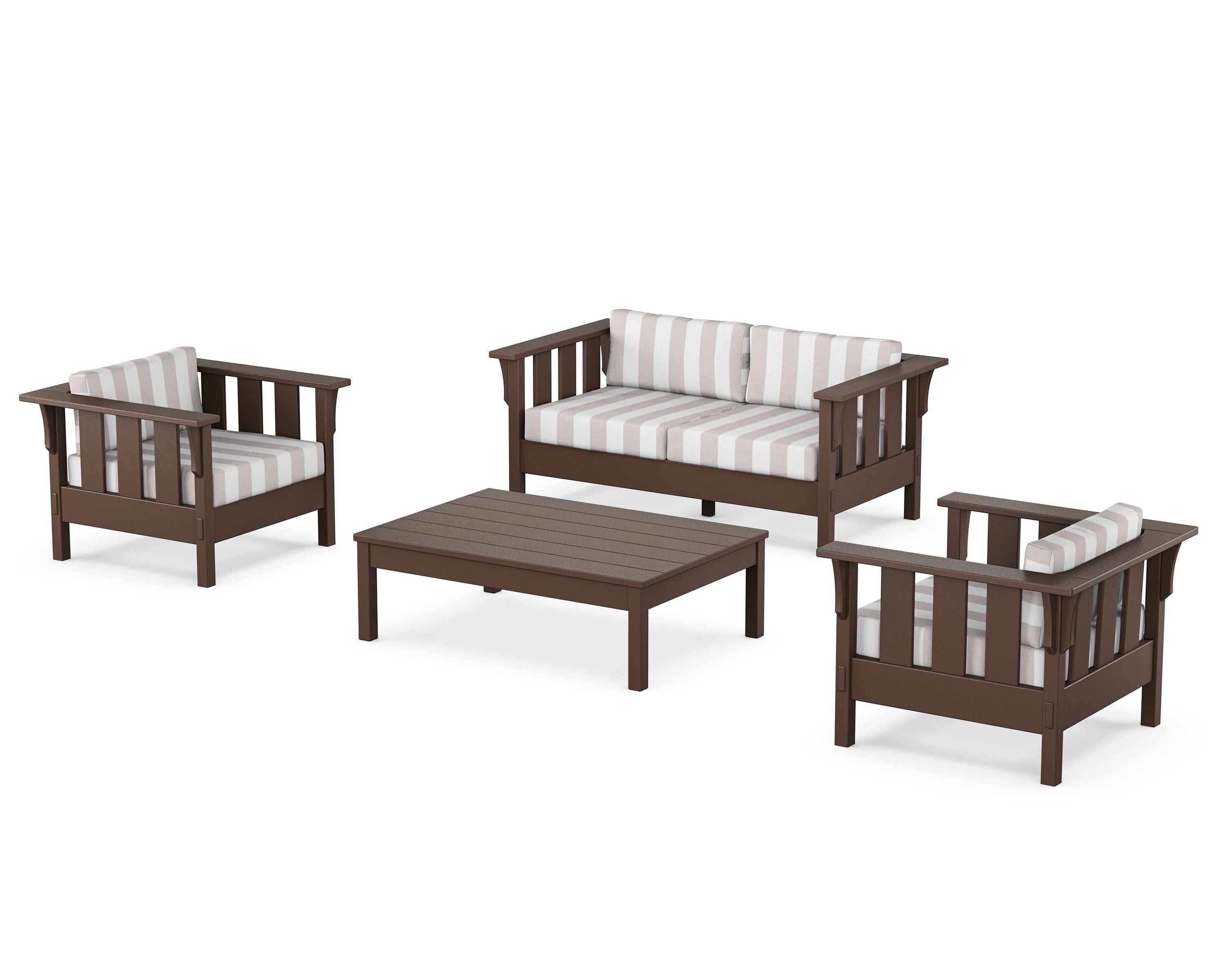 Martha Stewart by POLYWOOD® Acadia 4-Piece Deep Seating Set with Loveseat in Mahogany / Cabana Stripe Dune Burlap
