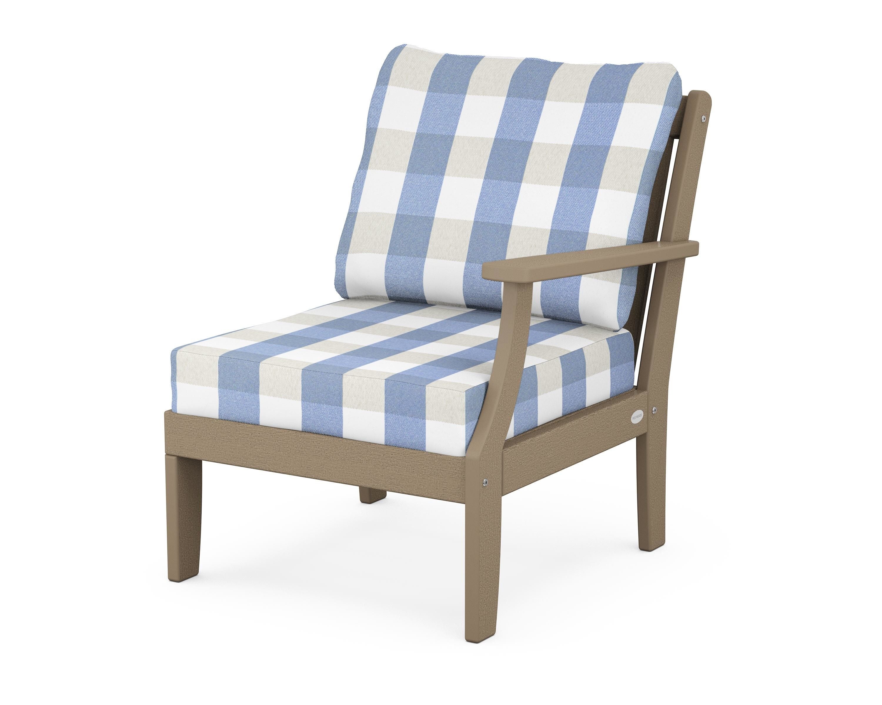 POLYWOOD® Braxton Modular Right Arm Chair in Vintage Sahara / Buffalo Plaid Sky Blue