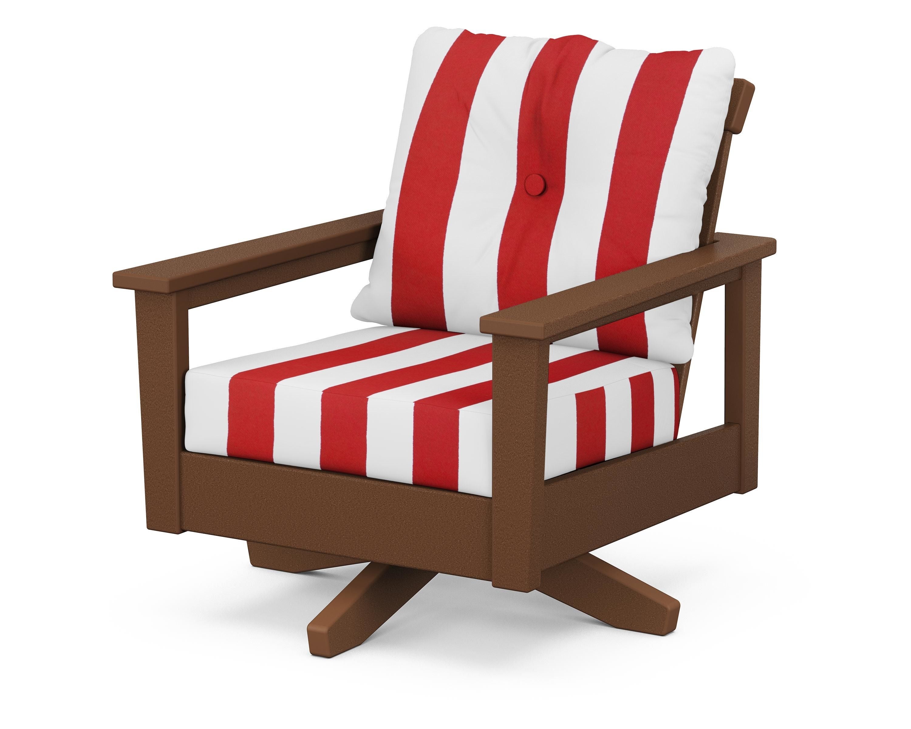 POLYWOOD® Prescott Deep Seating Swivel Chair in Teak / Cabana Stripe Crimson