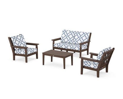 POLYWOOD® Chippendale 4-Piece Deep Seating Set with Loveseat in Mahogany / Trellis Sky Blue