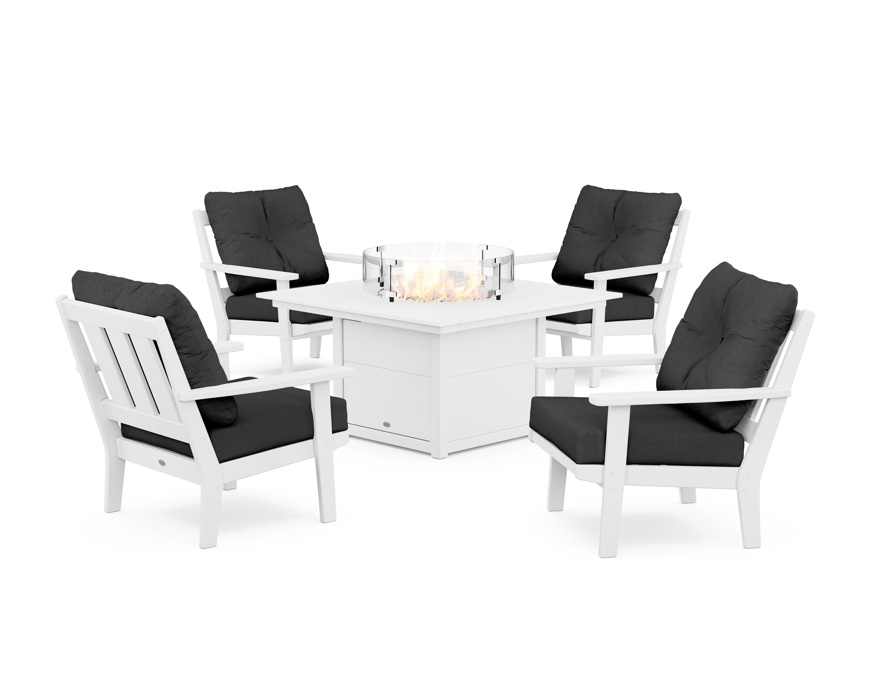 POLYWOOD® Oxford 5-Piece Deep Seating Set with Fire Pit Table in White / Spectrum Carbon