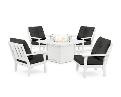 POLYWOOD® Oxford 5-Piece Deep Seating Set with Fire Pit Table in White / Spectrum Carbon