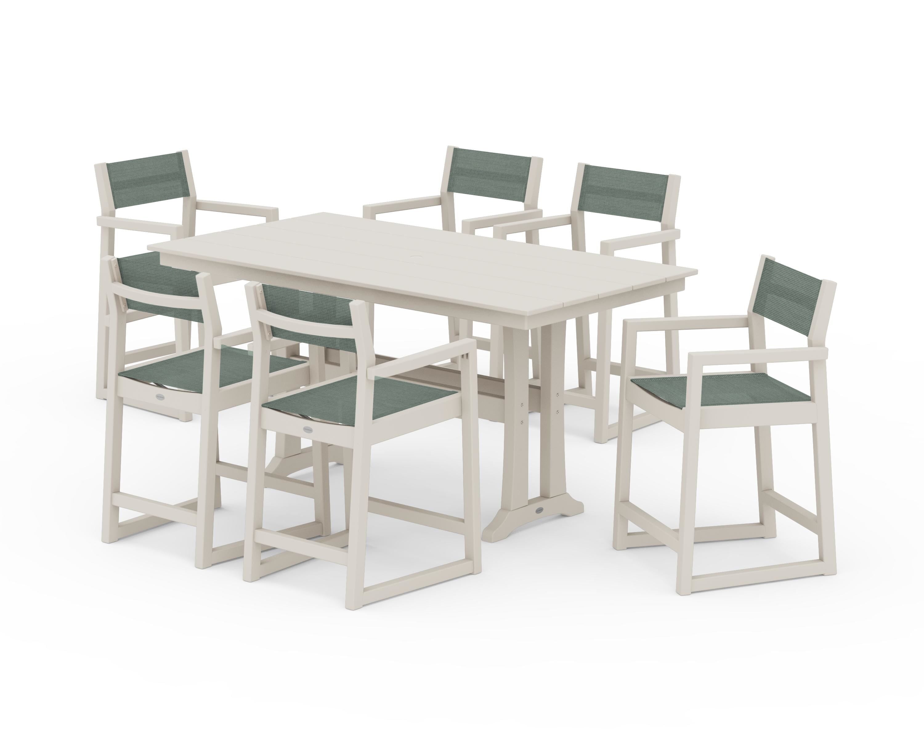 POLYWOOD® EDGE Sling Arm Chair 7-Piece Farmhouse Counter Set with Trestle Legs in Sand / Dupioni Sea Mist Sling