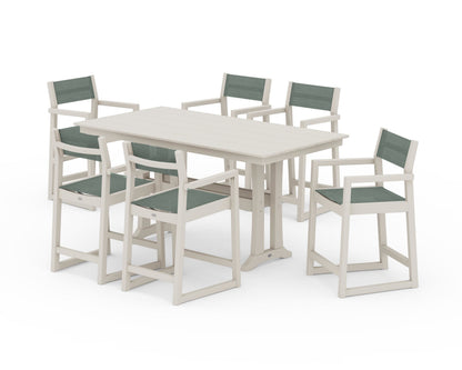 POLYWOOD® EDGE Sling Arm Chair 7-Piece Farmhouse Counter Set with Trestle Legs in Sand / Dupioni Sea Mist Sling