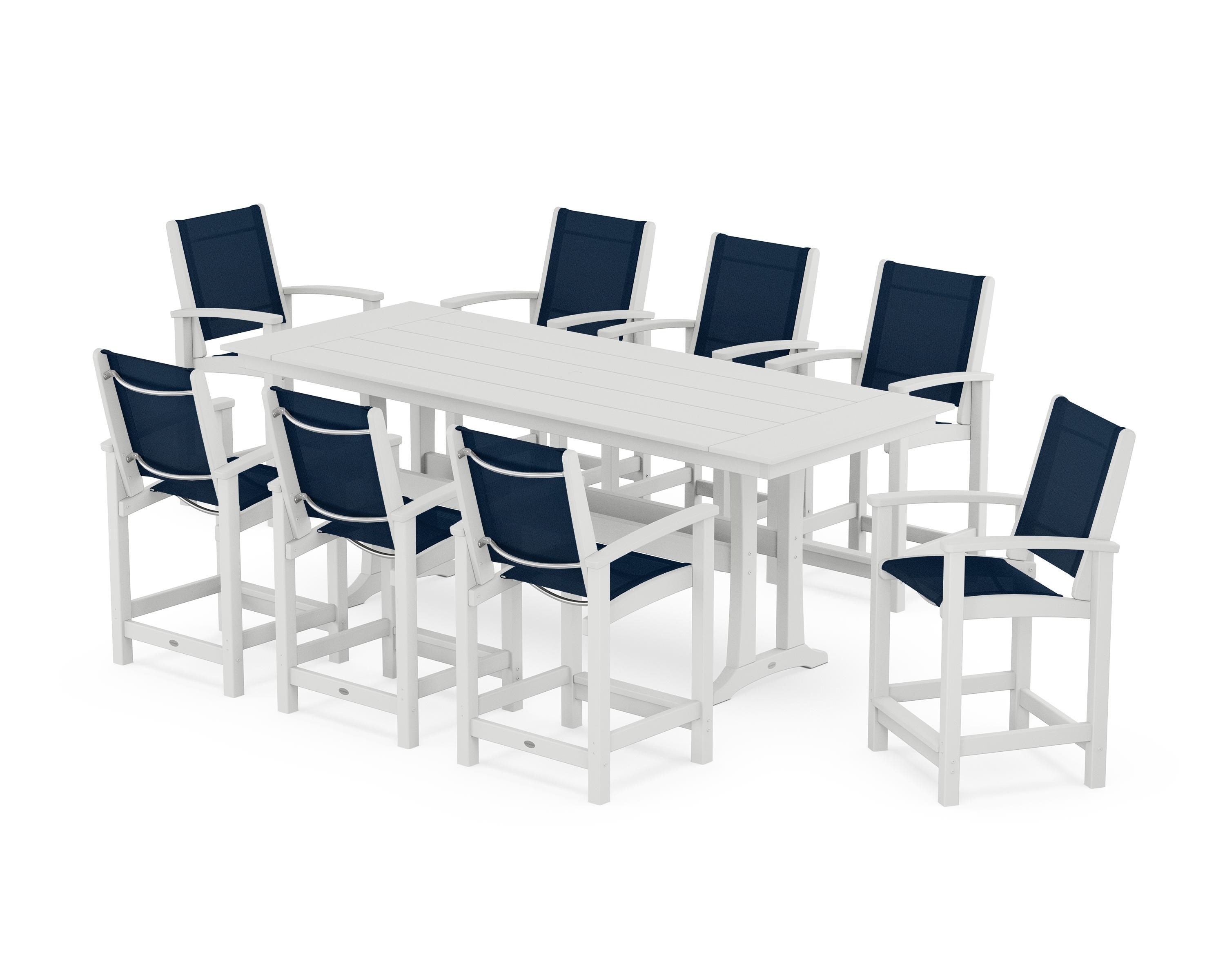 POLYWOOD® Coastal 9-Piece Farmhouse Counter Set with Trestle Legs in White / Navy Blue Sling