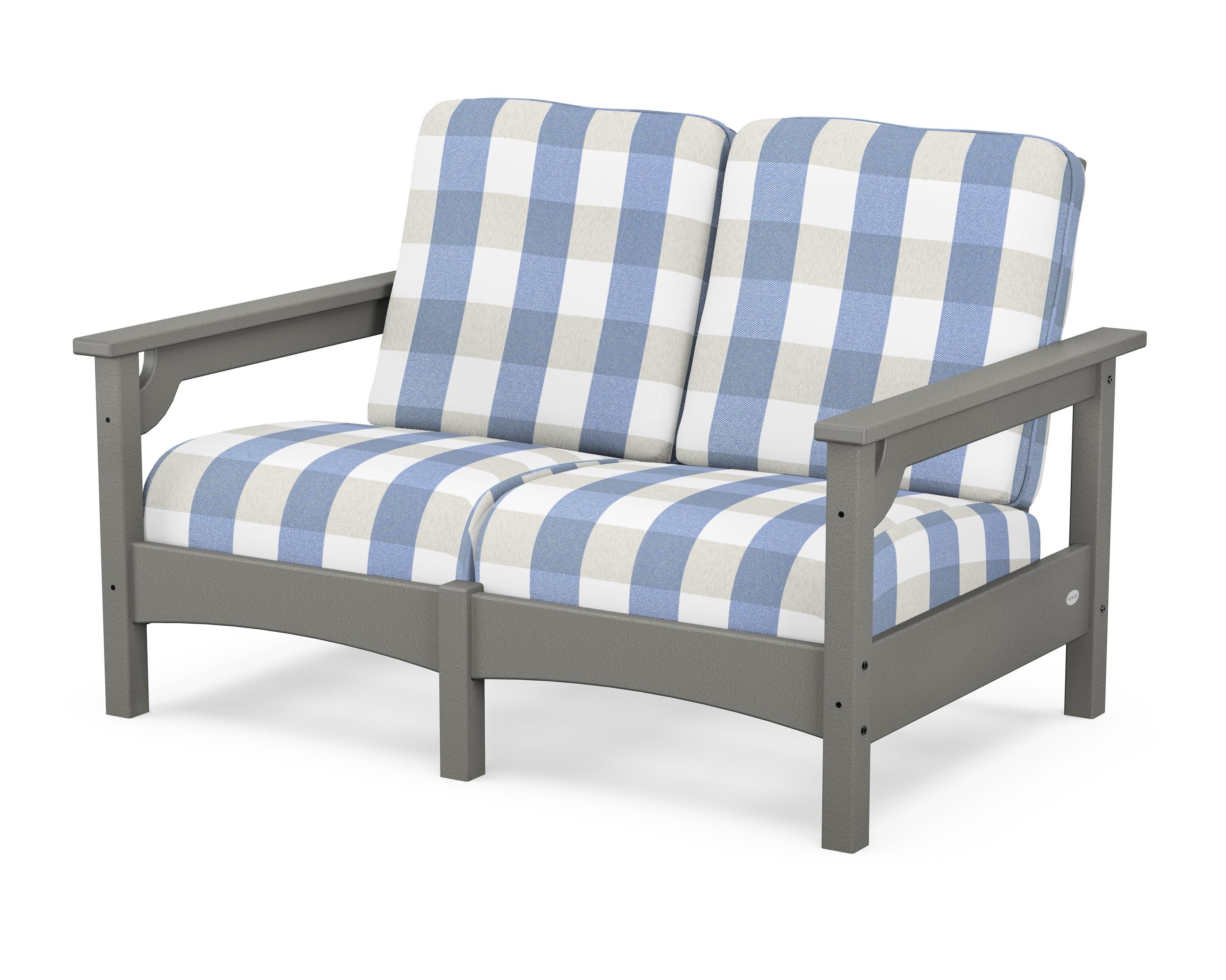POLYWOOD® Club Loveseat in Slate Grey / Buffalo Plaid Sky Blue