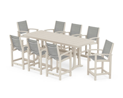 POLYWOOD® Coastal 9-Piece Farmhouse Counter Set with Trestle Legs in Sand / Metallic Sling