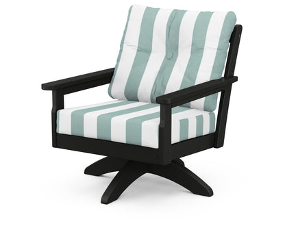 POLYWOOD® Vineyard Deep Seating Swivel Chair in Black / Cabana Stripe Glacier Spa