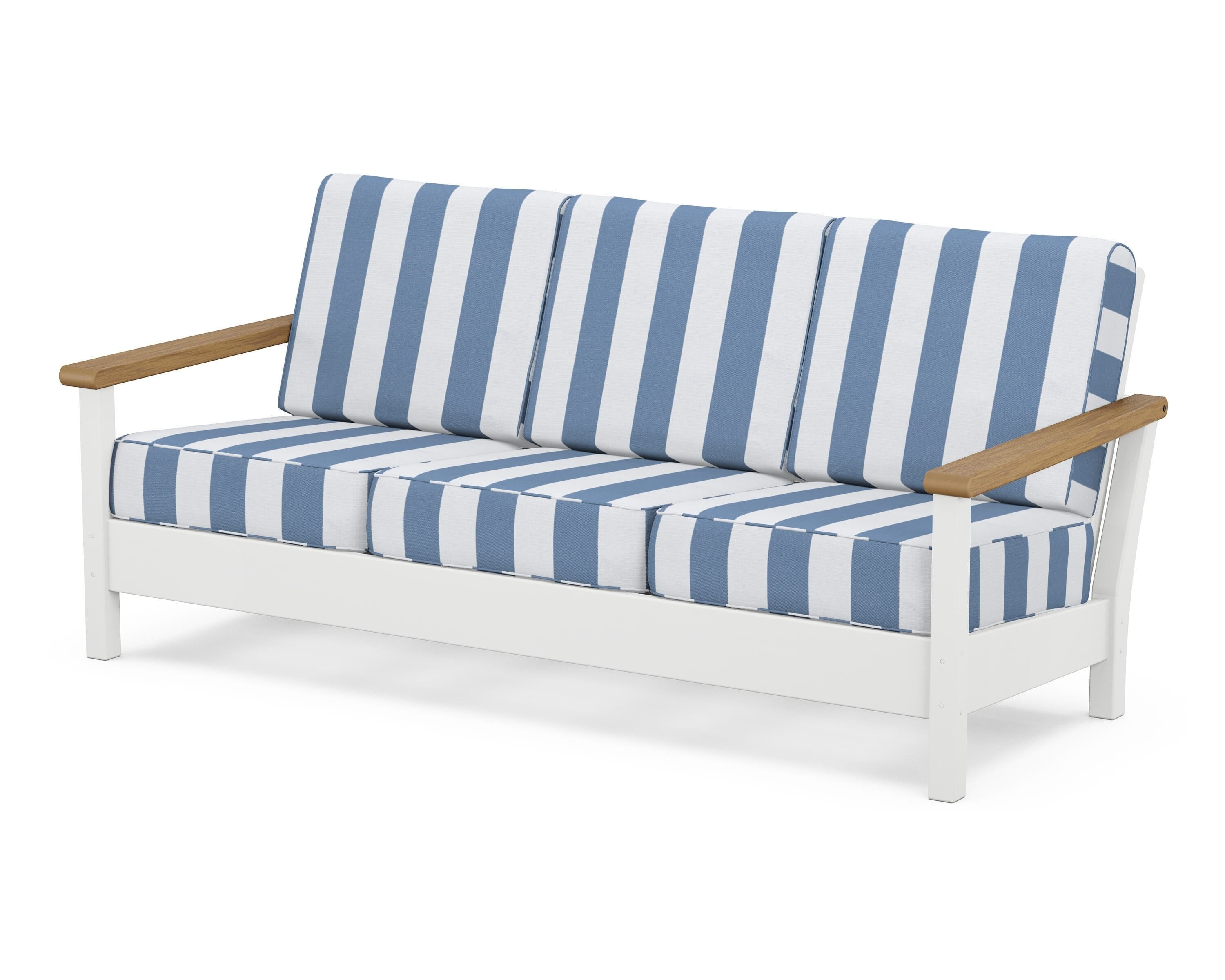 POLYWOOD® Harbour Deep Seating Sofa in White / Natural / Cabana Stripe Sky Blue