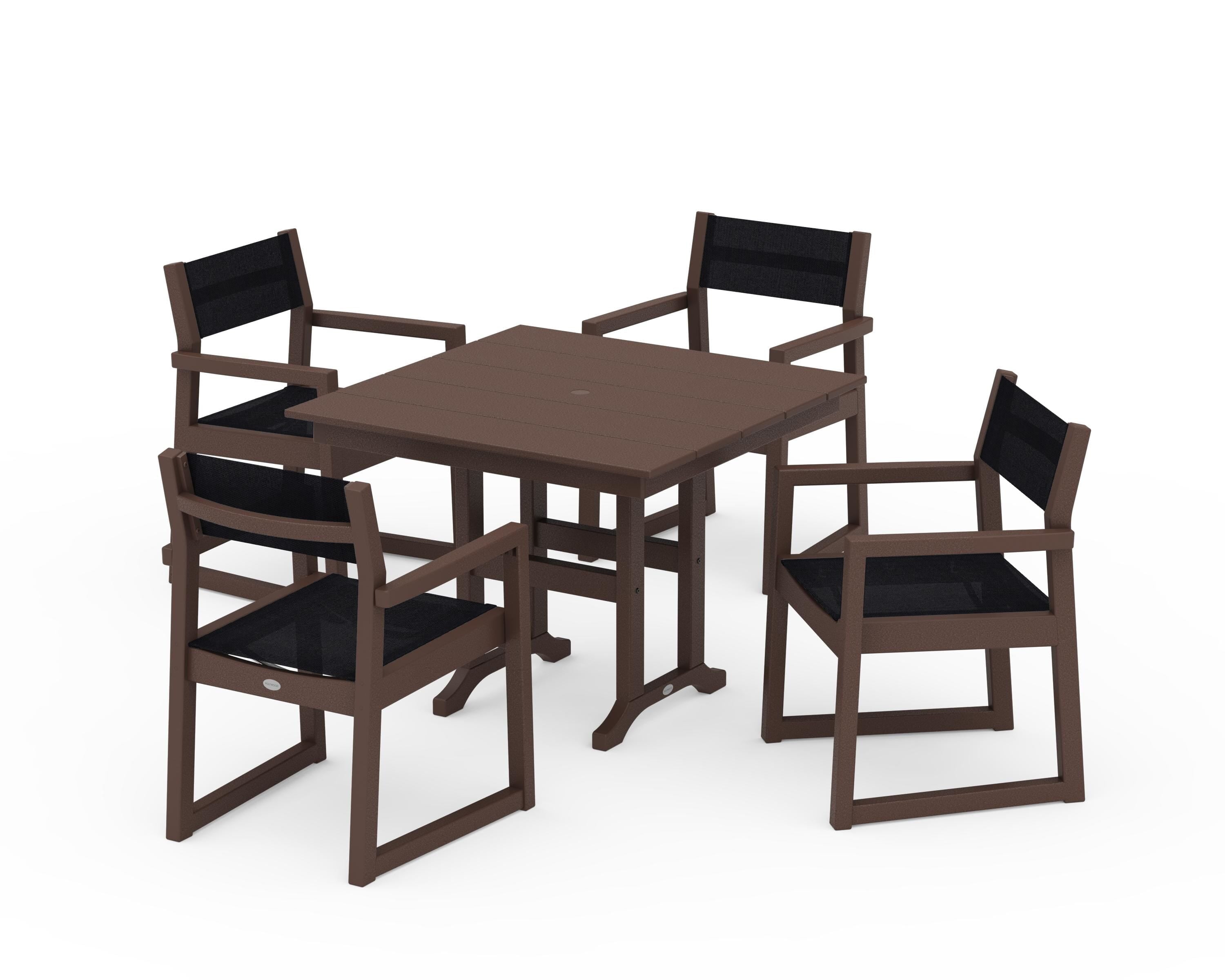 POLYWOOD® EDGE Sling Arm Chair 5-Piece Farmhouse Dining Set in Mahogany / Black Sling