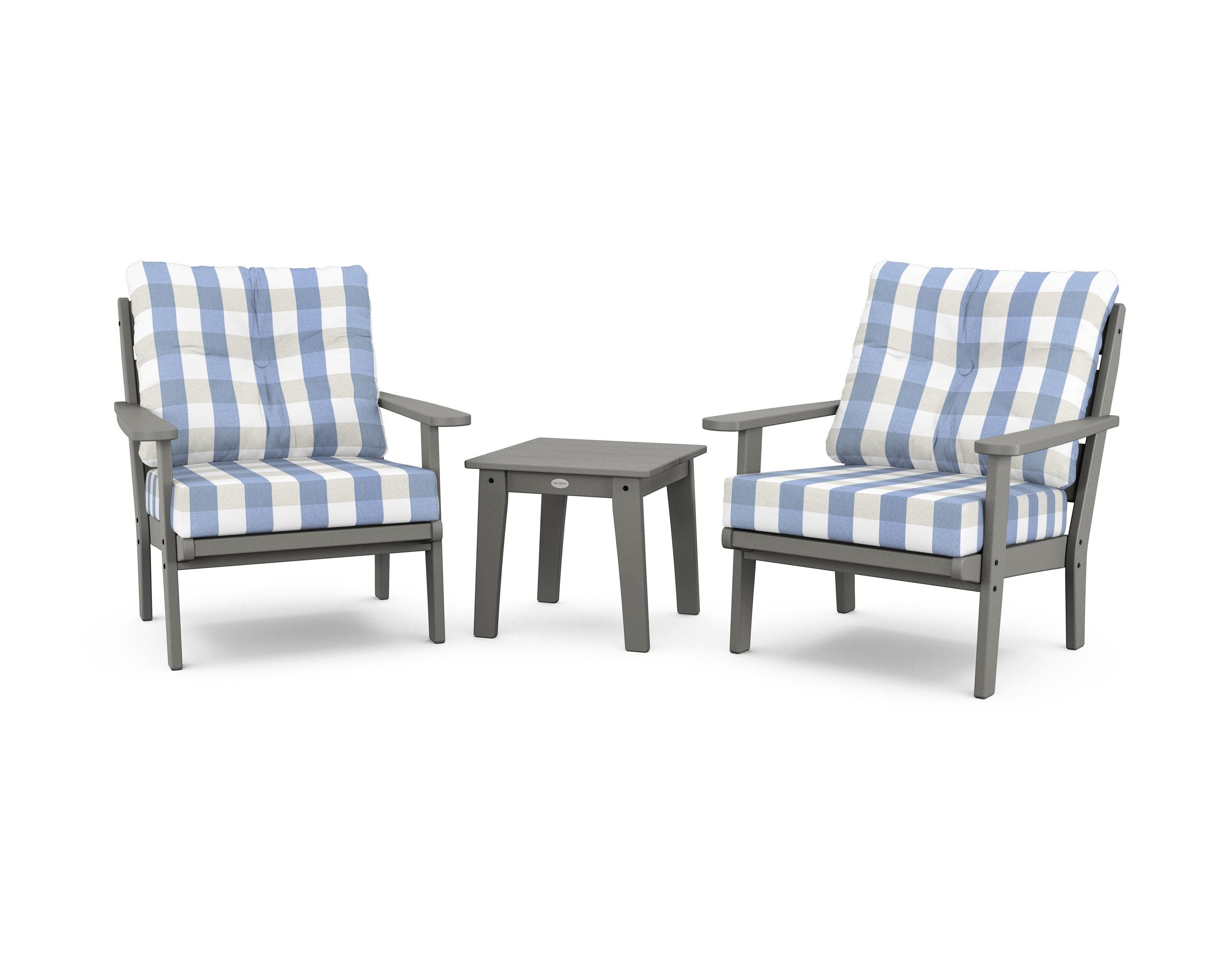 POLYWOOD® Lakeside 3-Piece Deep Seating Chair Set in Slate Grey / Buffalo Plaid Sky Blue