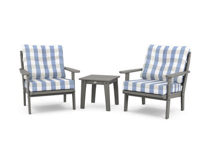 POLYWOOD® Lakeside 3-Piece Deep Seating Chair Set in Slate Grey / Buffalo Plaid Sky Blue
