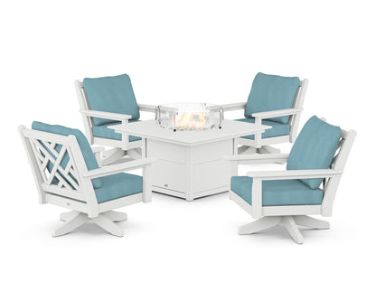 POLYWOOD® Chippendale 5-Piece Deep Seating Swivel Conversation Set with Fire Pit Table in White / Lattice Sky Blue