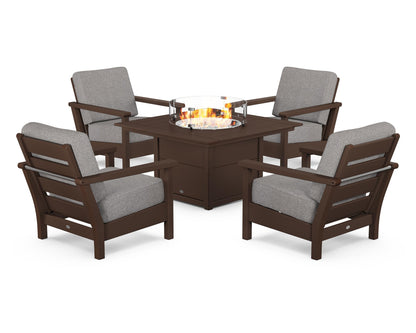 POLYWOOD® Harbour 5-Piece Conversation Set with Fire Pit Table in Mahogany / Grey Mist